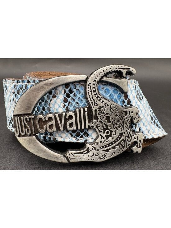 Just Cavalli Croc Leather Belt Blue Black White Crocodile Buckle Size 31-36 EUC